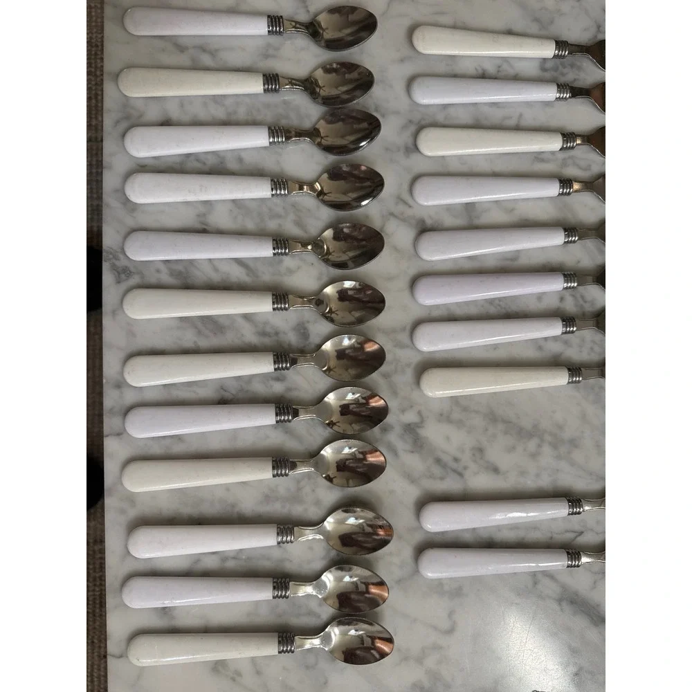 White Resin Handle Stainless Steel 30 pc Flatware Set Knives Forks Spoons Modern